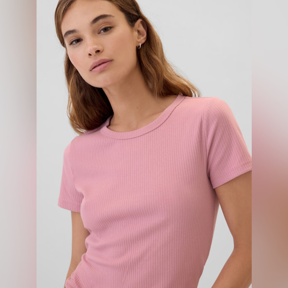 🆕 GAP Women’s Rib Ribbed Crew Neck Short Sleeve T-Shirt Pink Large 12-14 - Picture 3 of 11
